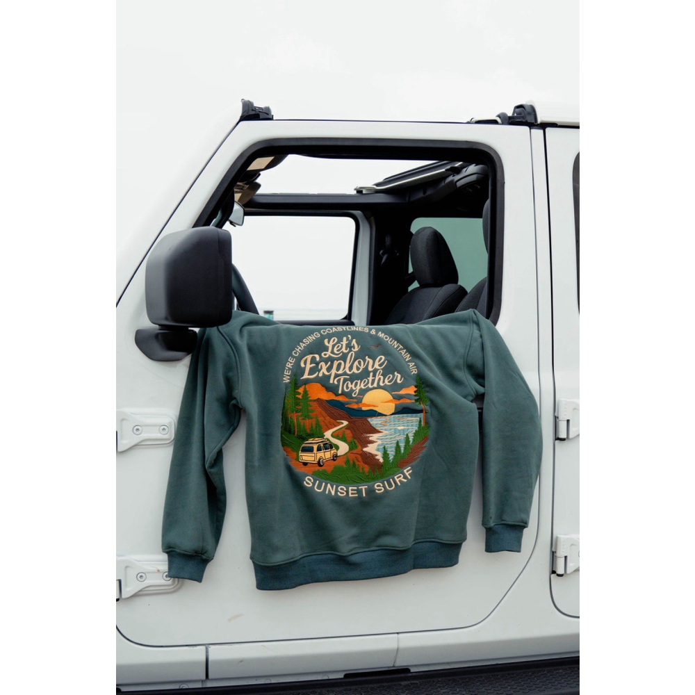 NWT Sunset Surf Coastal Explore Green Hoodie S Embroidered Graphic Fleece Lined - Picture 10 of 15